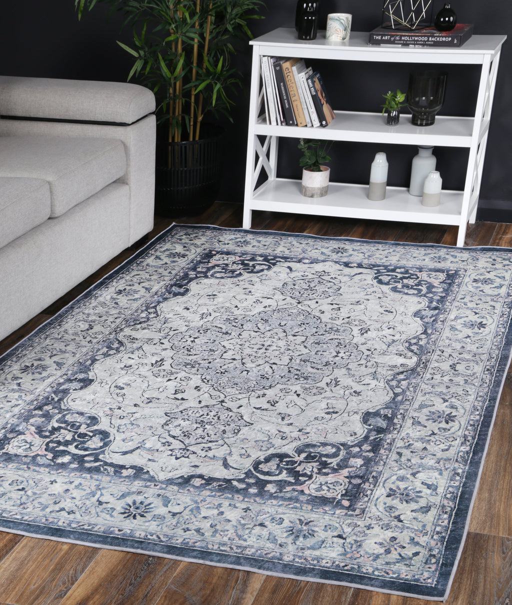 Angelic Navy Medallion Non-Slip Rug - ANGE02 styled with furniture