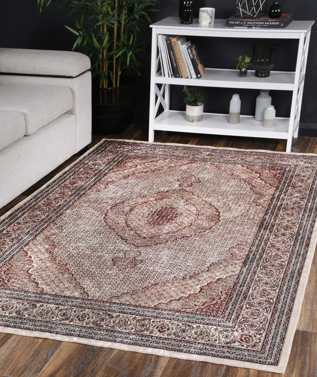Angelic Medallion Red Non-Slip Rug - ANGE04 styled with furniture