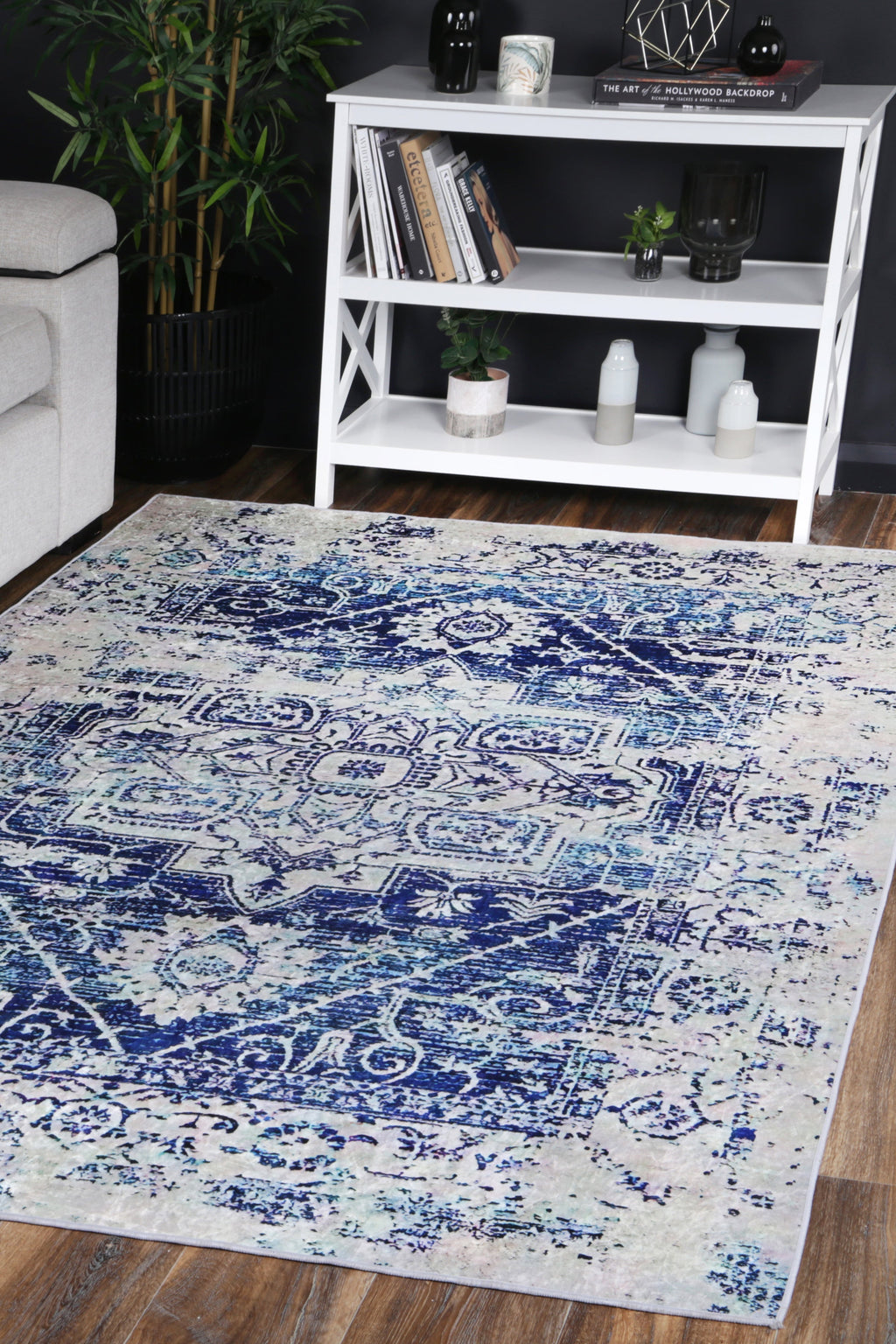 Angelic Distressed Navy White Traditional Non-Slip Rug - ANGE09 styled with furniture