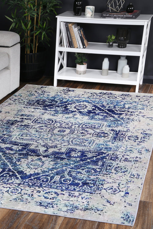 Angelic Distressed Navy White Traditional Non-Slip Rug - ANGE09 styled with furniture