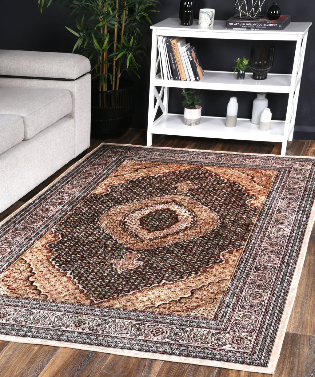 Angelic Medallion Gold Non-Slip Rug - ANGE11 styled with furniture