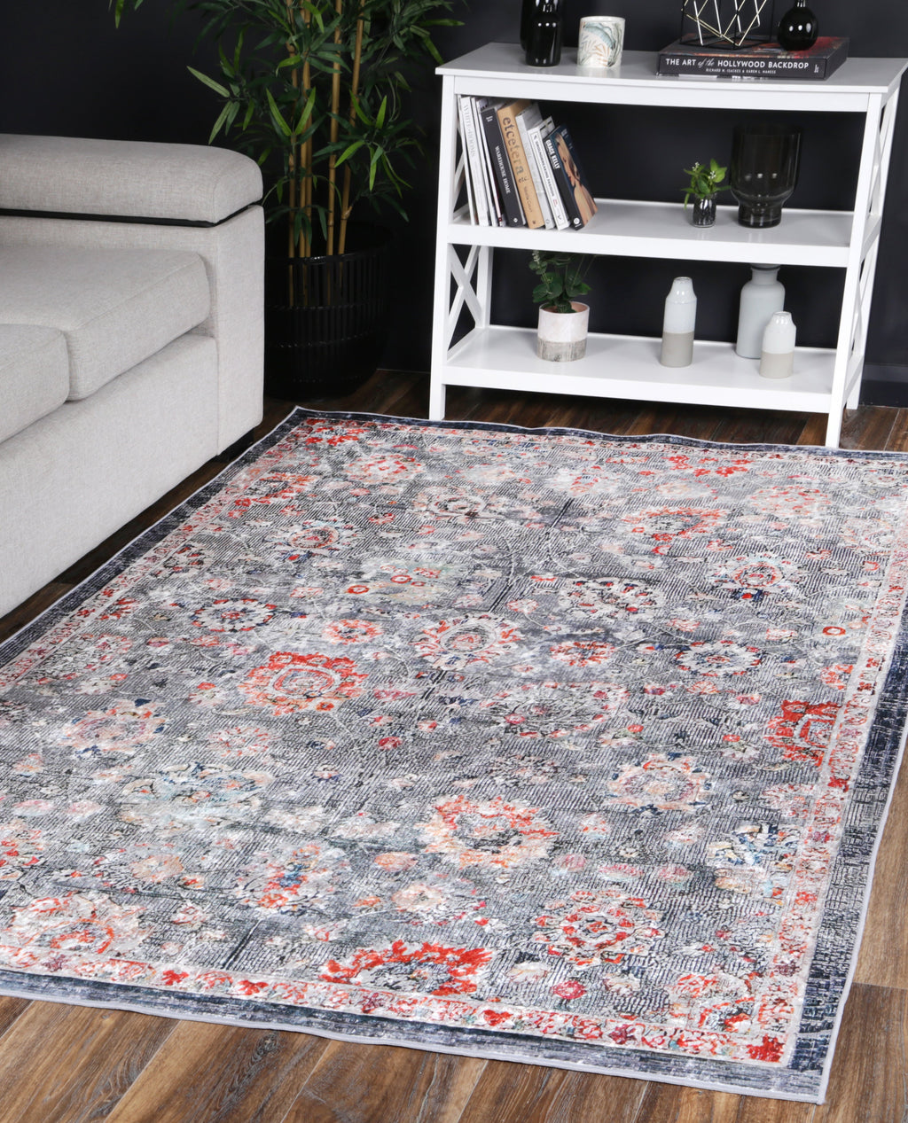 Angelic Distressed Floral Grey Multi Non-Slip Rug - ANGE12 styled with furniture