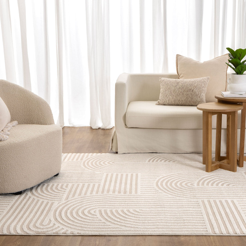 Sierra Arches Beige Ivory Rug styled with furniture