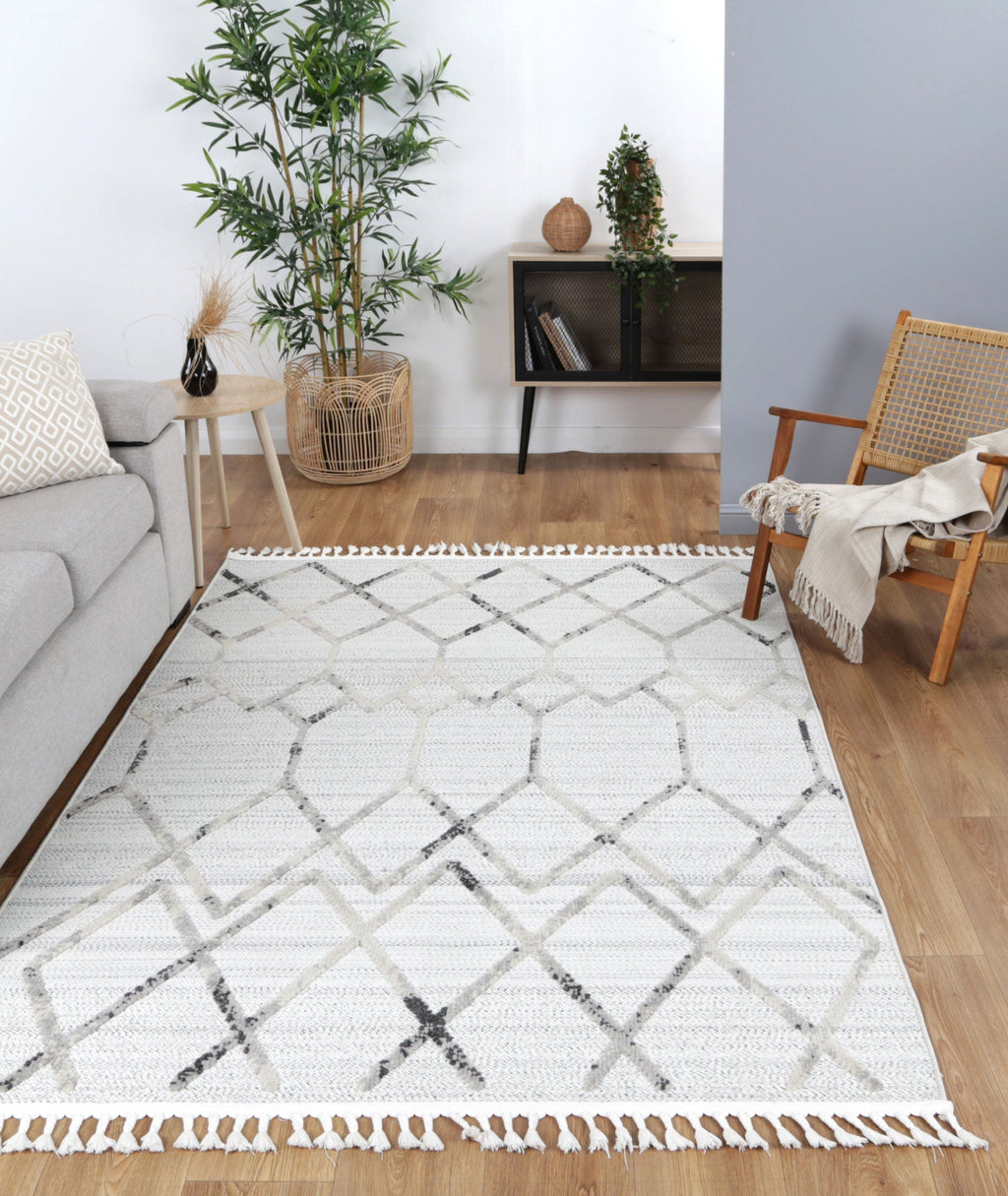 Ares Dorian Geometric Cream and Taupe Rug styled with furniture