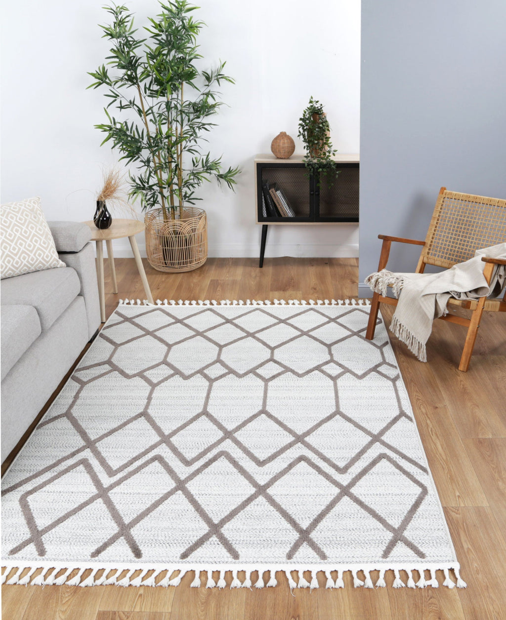 Ares Lelantine Geometric Cream and Brown Rug styled with furniture