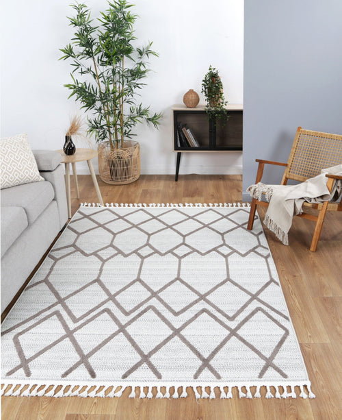 Ares Lelantine Geometric Cream and Brown Rug styled with furniture