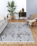 Ares Meliac Geometric Grey and Taupe Rug styled with furniture