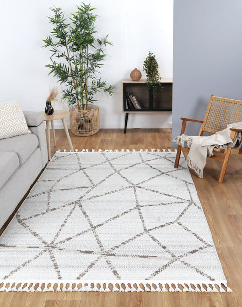 Ares Agros Geometric Cream and Beige Rug styled with furniture