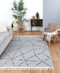 Ares Sparta Geometric Grey and Ash Rug styled with furniture