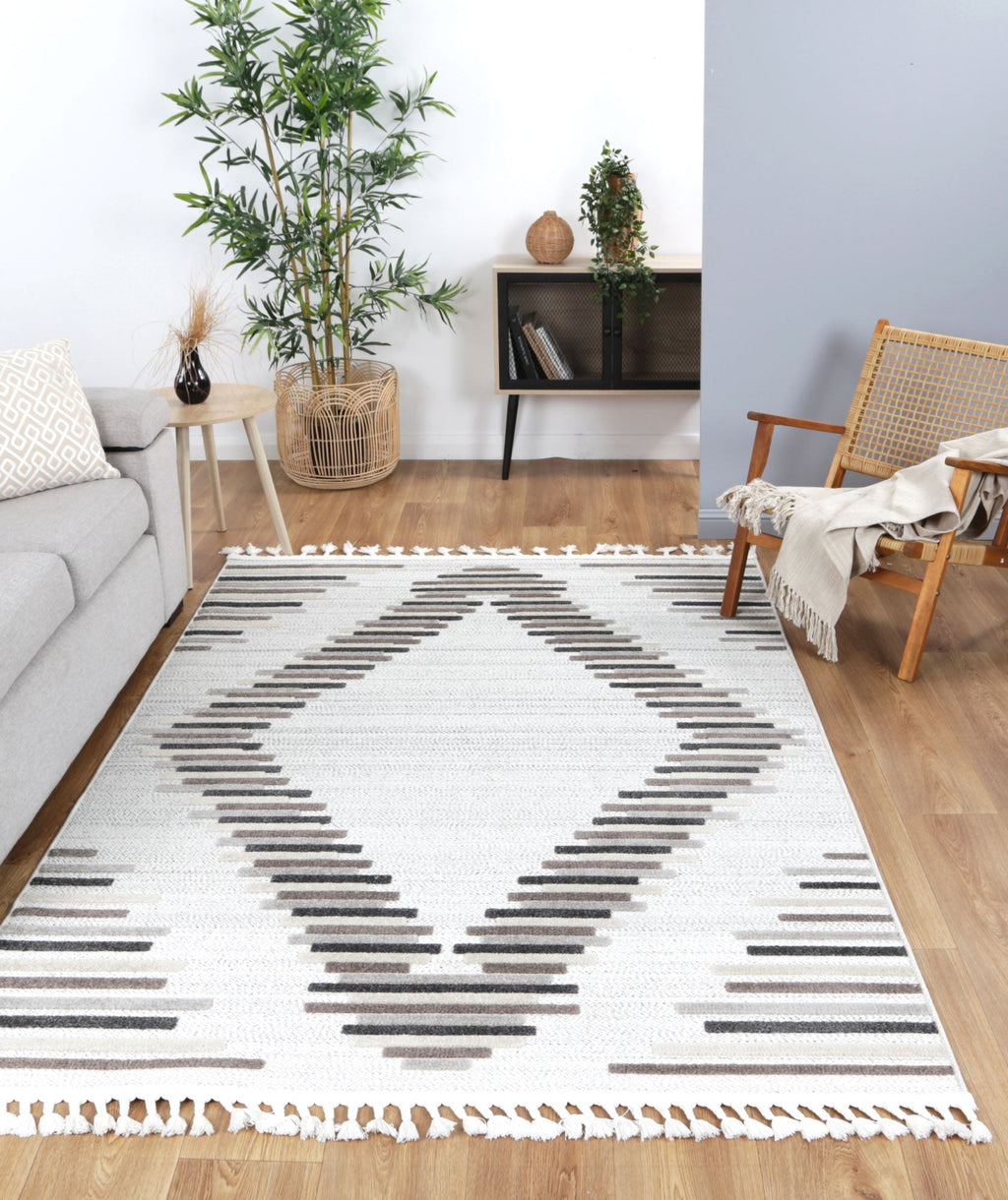 Ares Attica Diamond Stone and Grey Rug styled with furniture