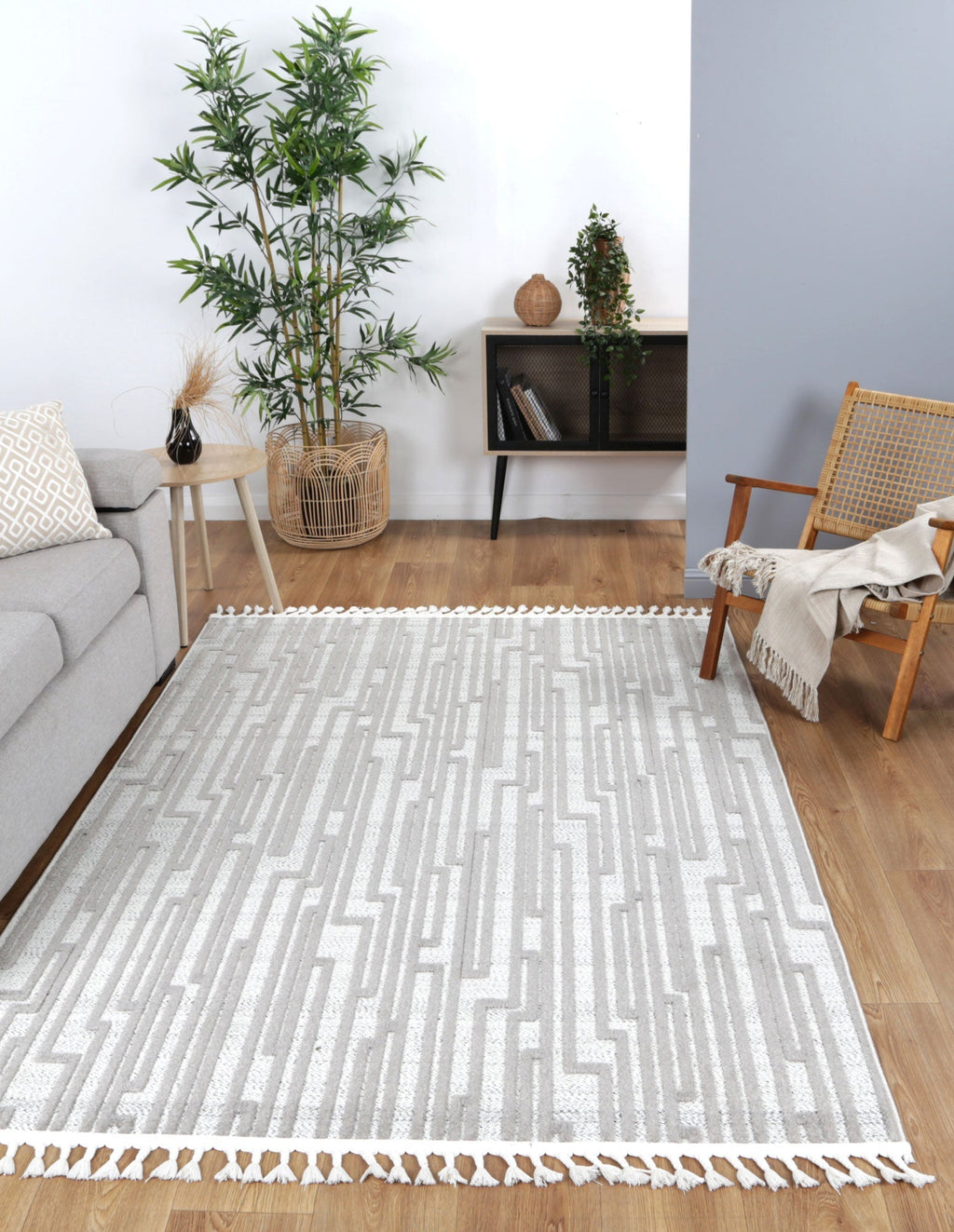 Ares Naxos Geometric Beige and Taupe Rug styled with furniture