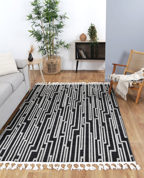 Ares Arcadia Geometric Black and White Rug styled with furniture
