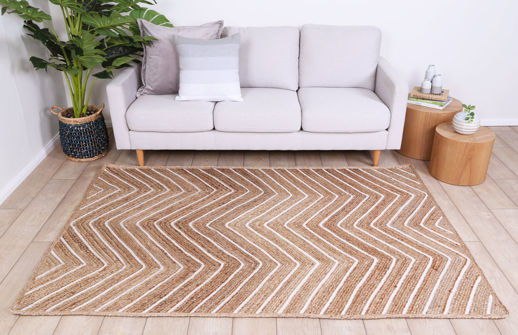 Artisan Beige Chevron Rug styled with furniture