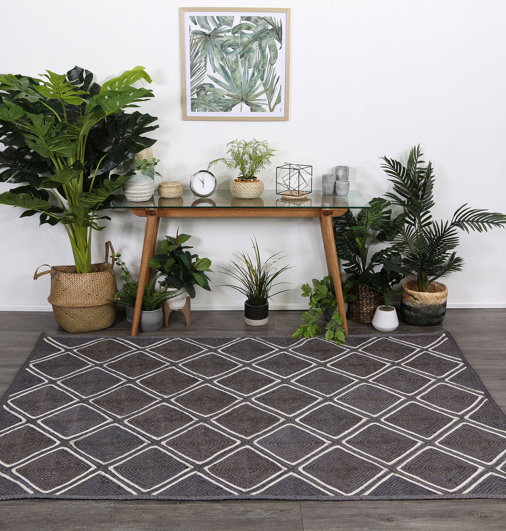 Artisan Grey Parquetry Jute Cotton Rug styled with furniture