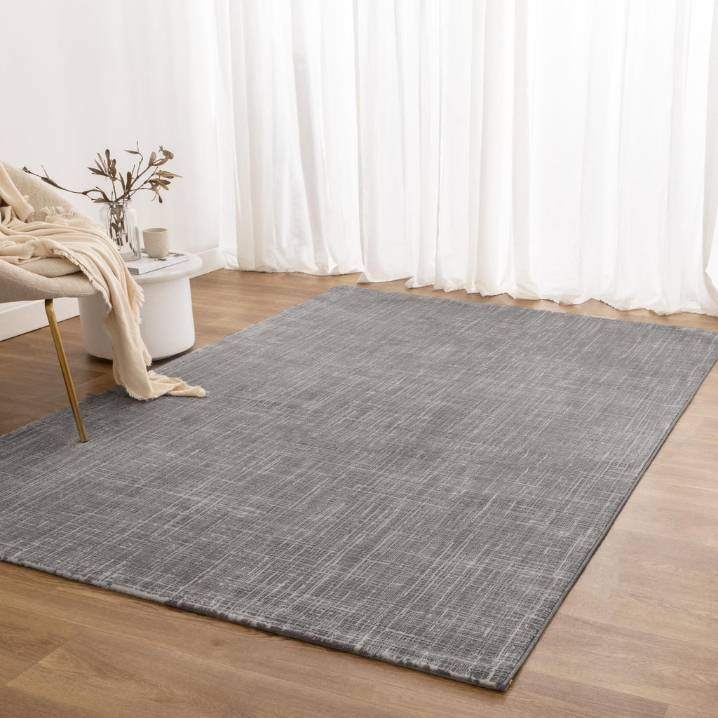 Atina Distressed Geo Lines Grey Rug - AT02 styled with furniture