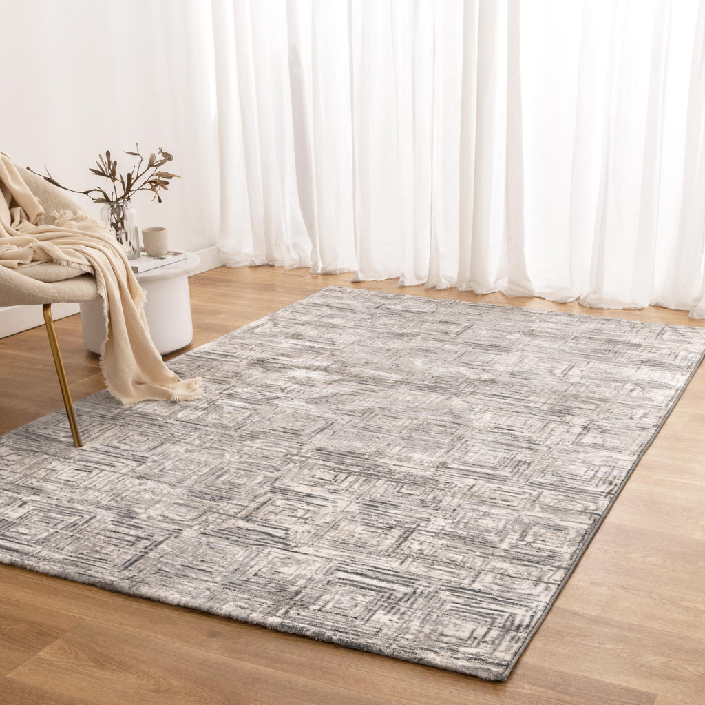 Atina Distressed Geo Squares Grey Rug - AT03 styled with furniture