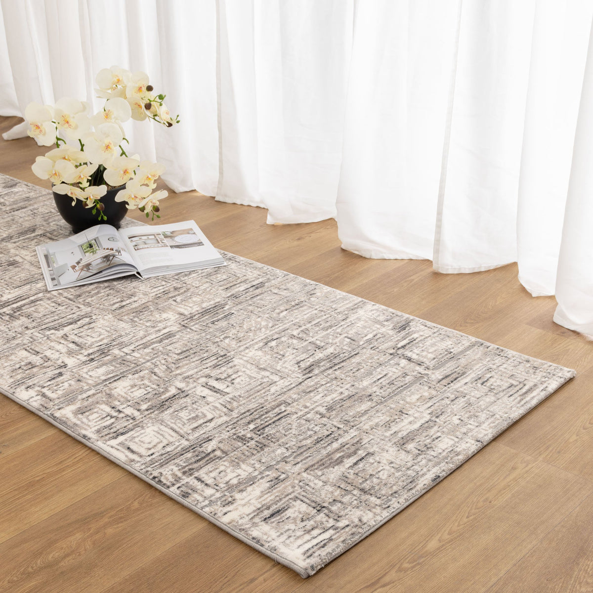 Atina Distressed Geo Squares Grey Rug - AT03 – view 7
