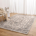 Atina Distressed Transitional Beige Grey Rug - AT05 styled with furniture