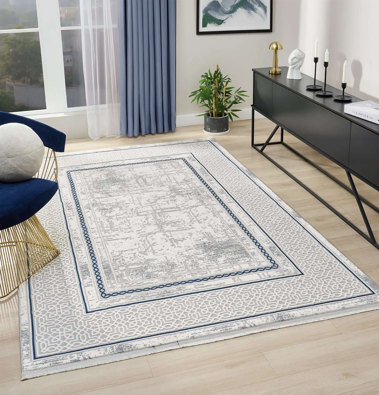 Kervan Rug AK076 Grey Blue Turkish Rug, Kervan Rug - A7114 Grey Gold Turkish Rug for Busy Homes