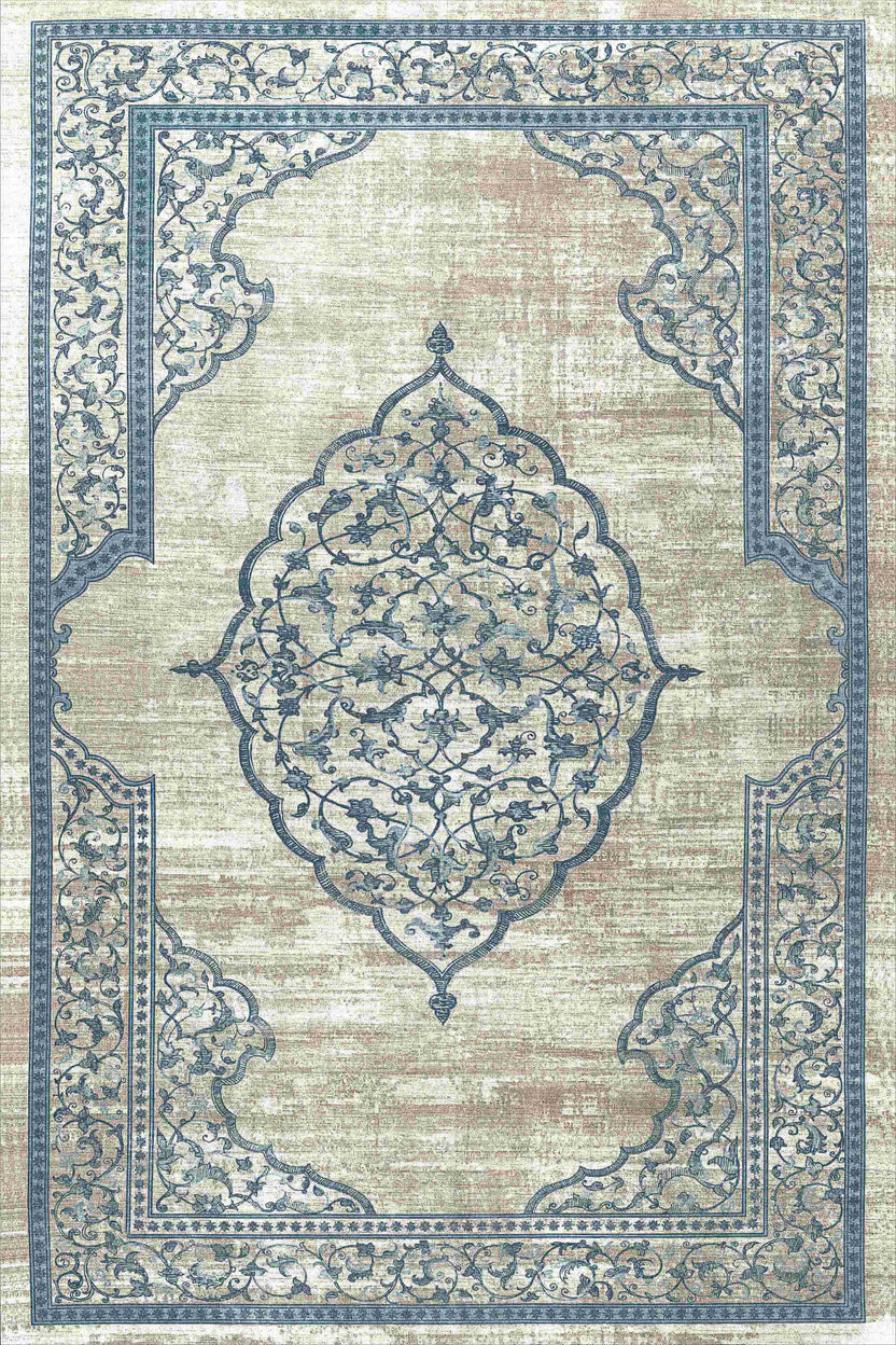 Turkish Rug Celestial Vine Medallion 160x230cm Light Blue and Beige Distressed Rug