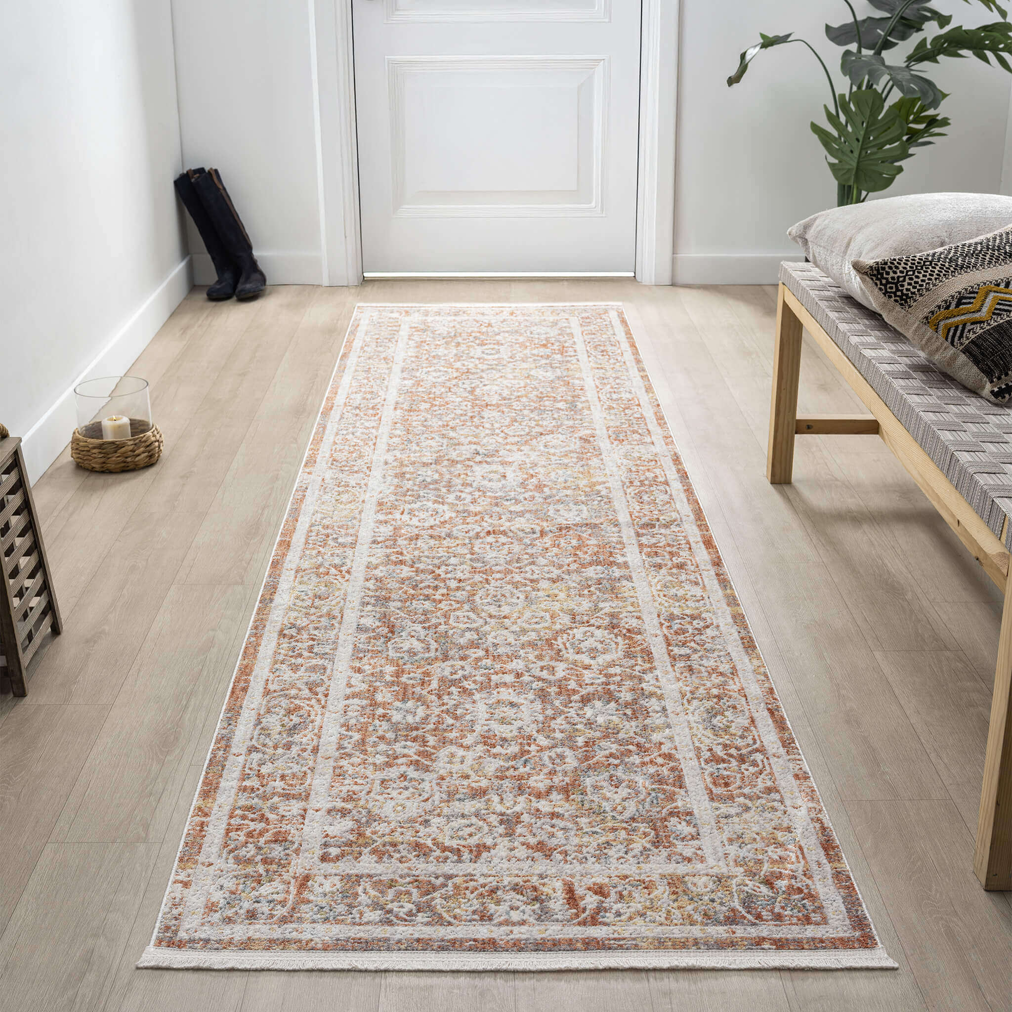 Adelia 648 Terra Runner with shed-resistant, anti-static pile and short fringes. Power-loomed in Türkiye for durable, easy-care hallway style.