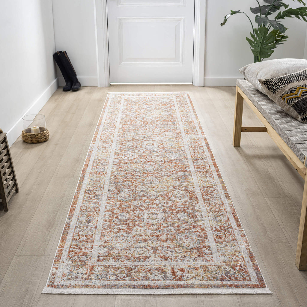 Adelia 648 Terra Runner with shed-resistant, anti-static pile and short fringes. Power-loomed in Türkiye for durable, easy-care hallway style.