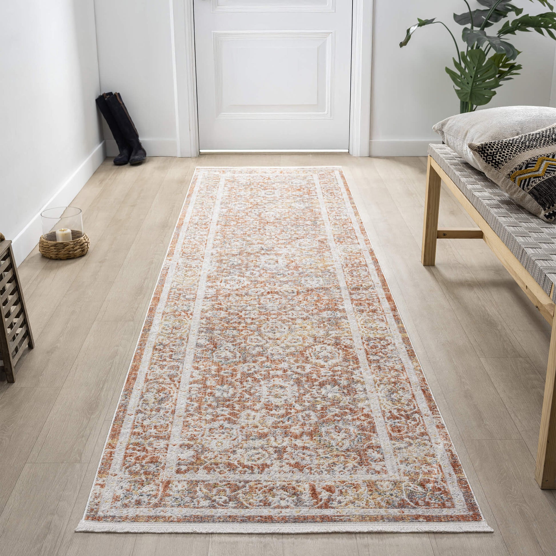 Adelia 648 Terra Runner with shed-resistant, anti-static pile and short fringes. Power-loomed in Türkiye for durable, easy-care hallway style.