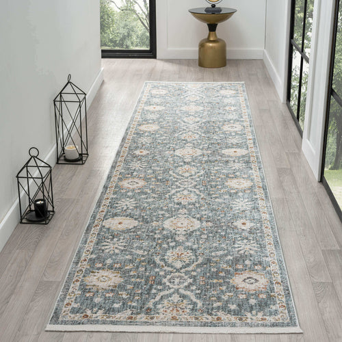 Adelia 649 Denim Runner combines style and durability for busy hallways. Experience refined texture and a tailored finish with this shed-resistant rug.