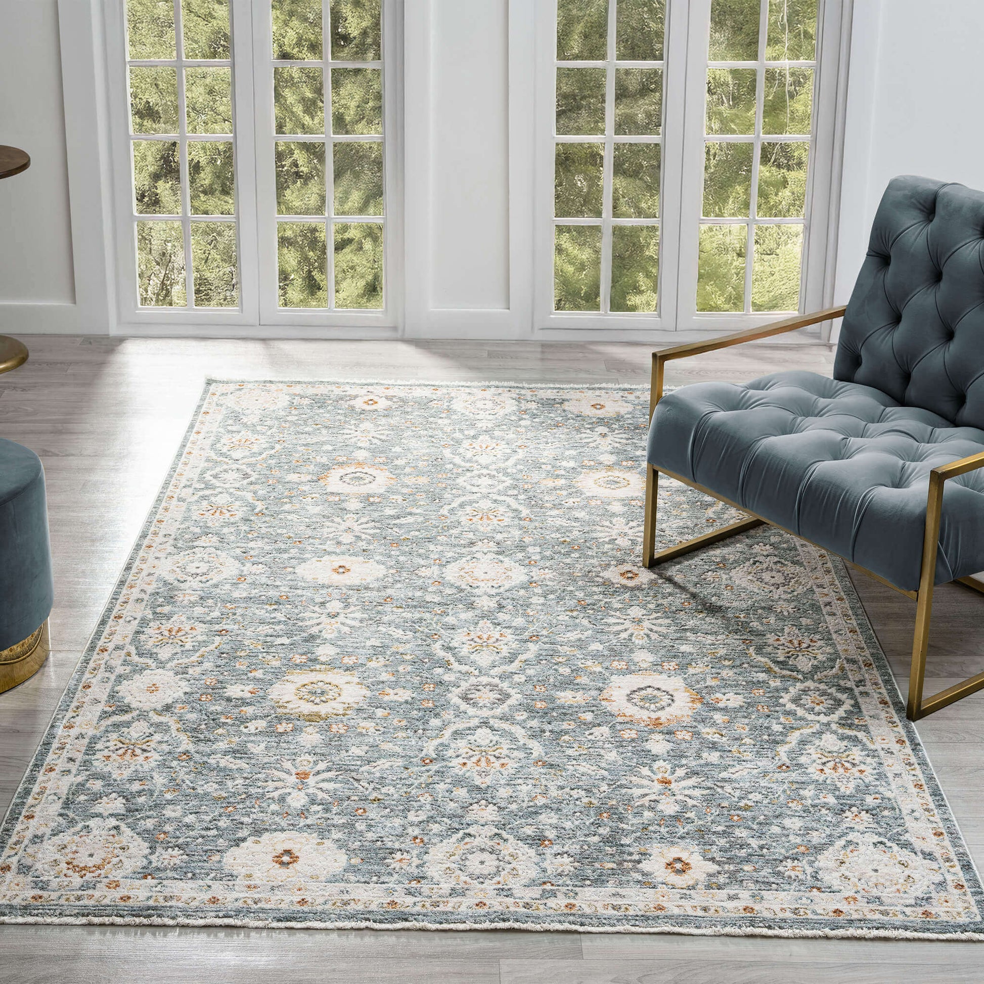 Adelia 649 Denim offers a soft, shed-resistant pile with short fringes and anti-static ease. Power-loomed in Türkiye for durable, elegant everyday living.