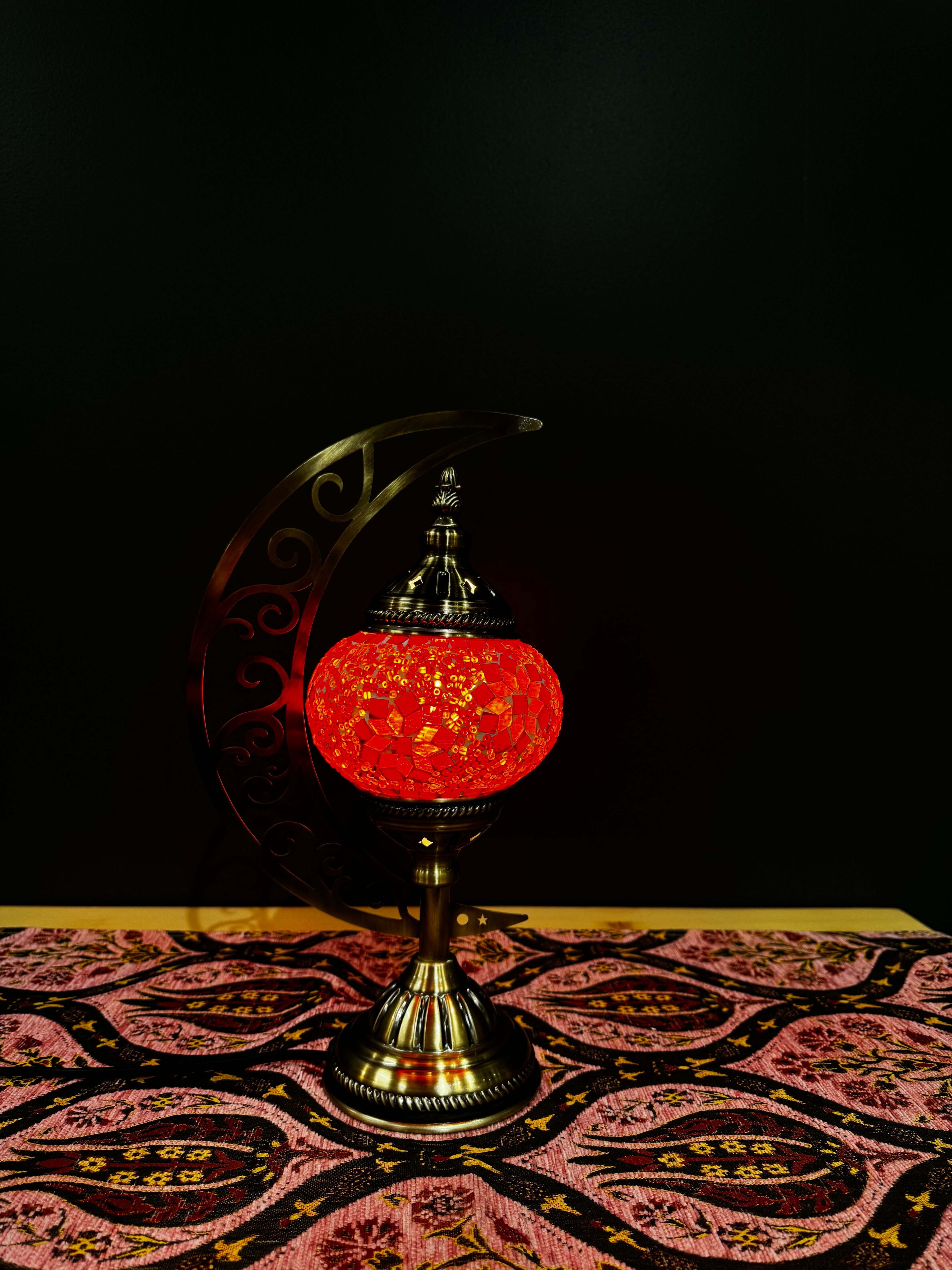 Amber Flame Turkish Mosaic Lamp - Crescent Moon Design