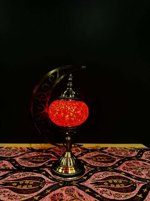 Amber Flame Turkish Mosaic Lamp - Crescent Moon Design