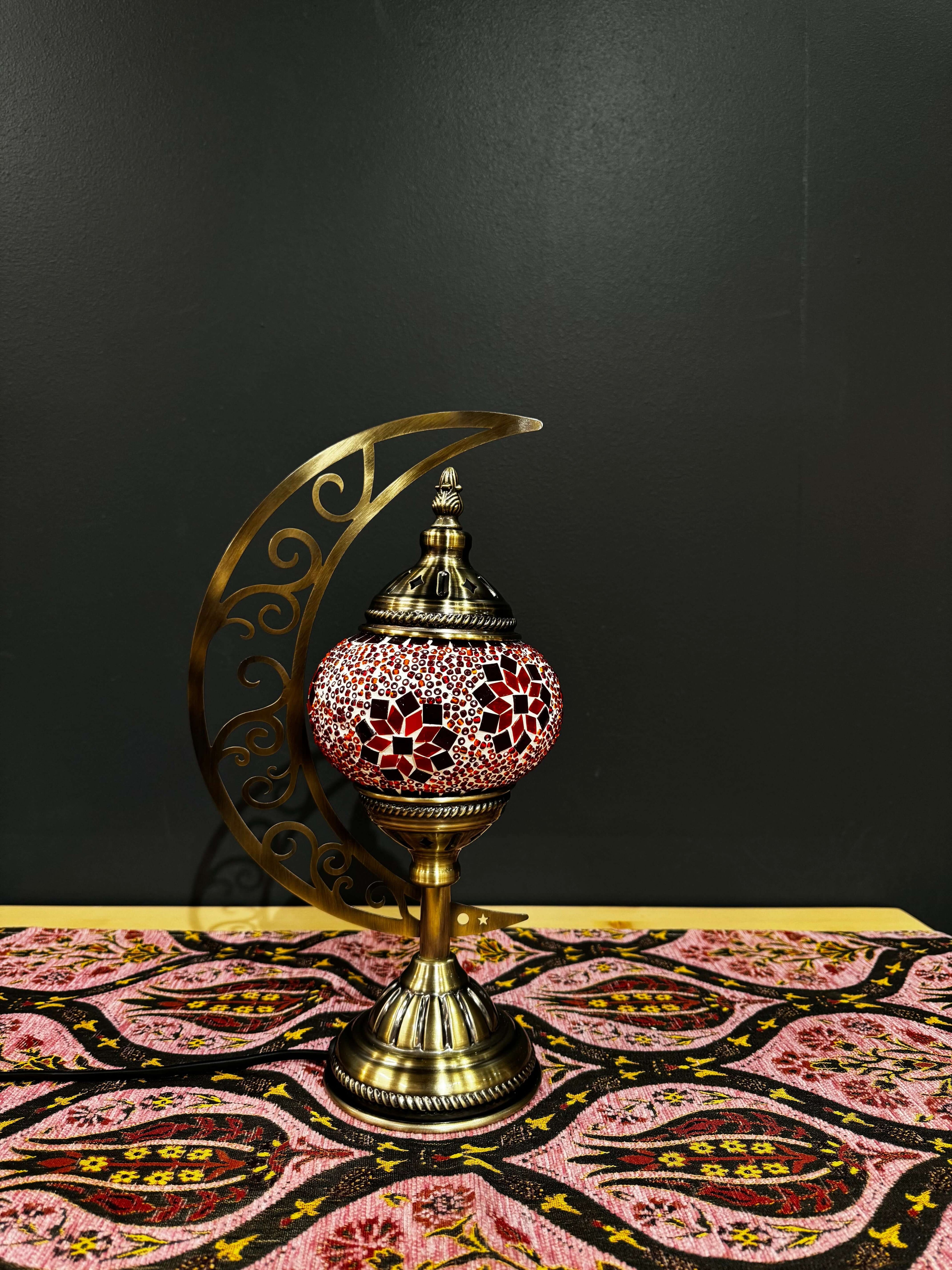 Amber Flame Turkish Mosaic Lamp - Crescent Moon Design