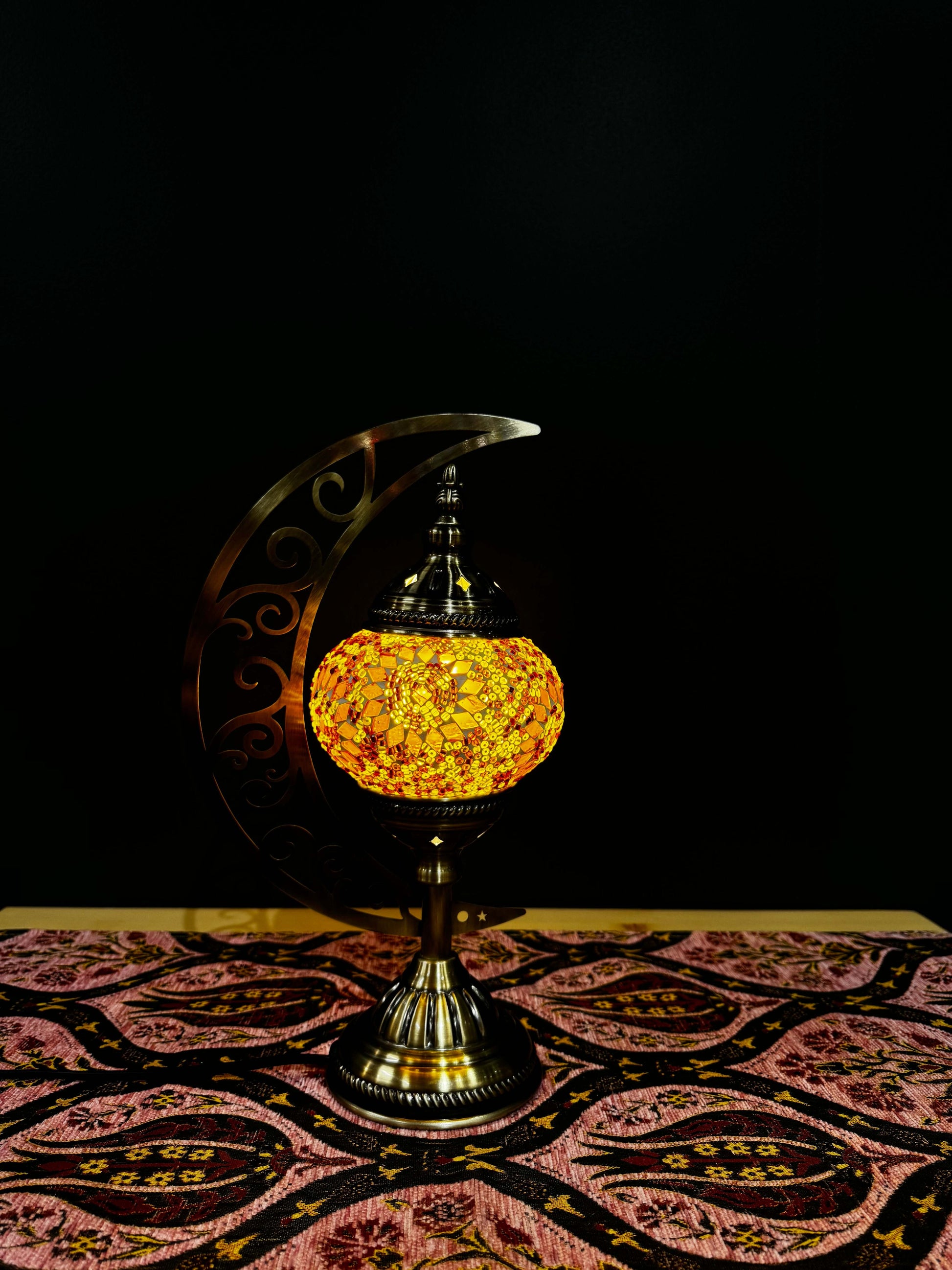 Amber Glow Turkish Mosaic Lamp - Crescent Moon Design-Shop the Amber Glow Turkish Mosaic Lamp! Features amber and gold mosaic design with a crescent moon stand. Includes LED bulb. Perfect for decor or gifting.-Bazaar G Rugs N Gifts