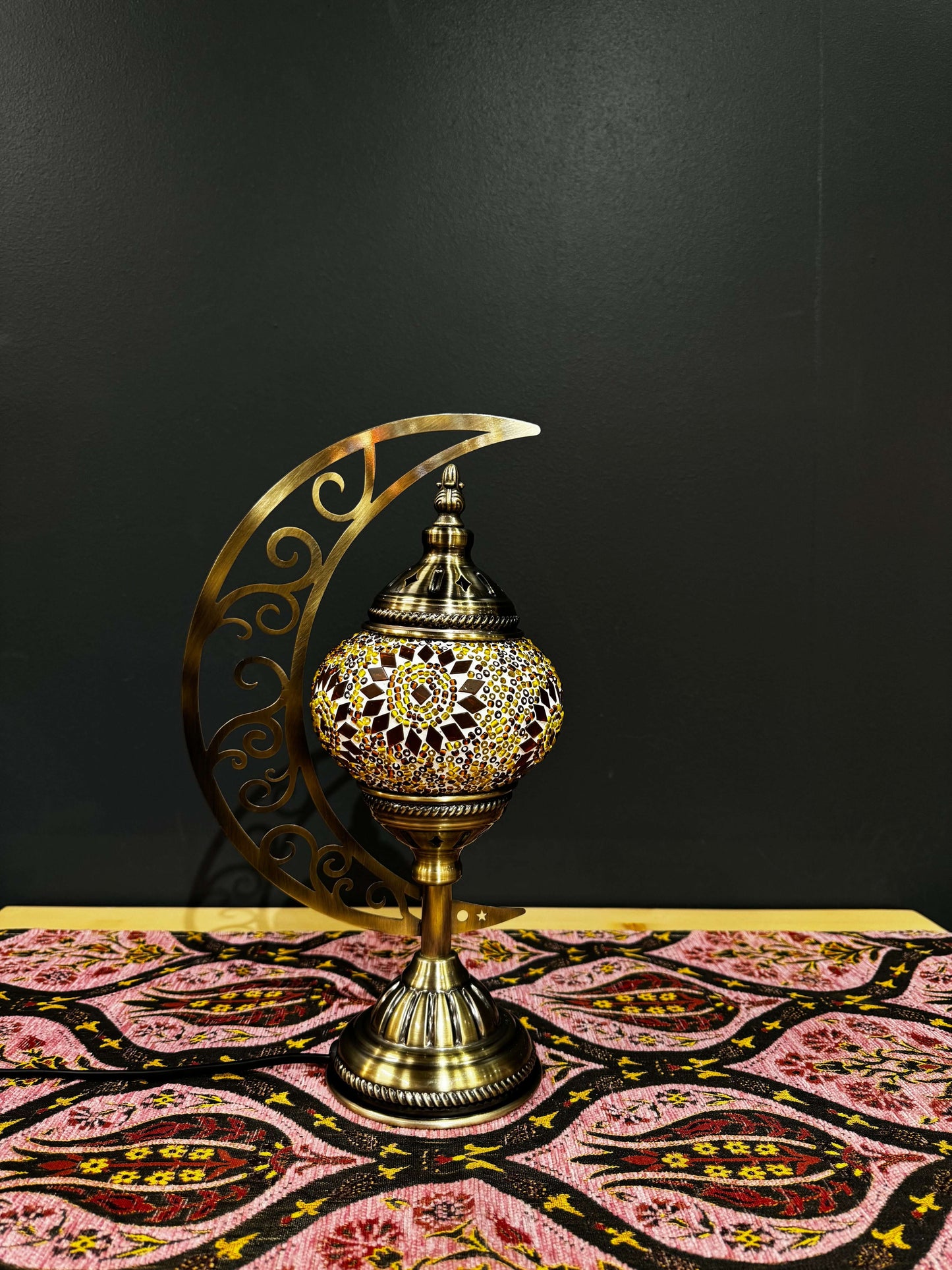 Amber Glow Turkish Mosaic Lamp - Crescent Moon Design-Shop the Amber Glow Turkish Mosaic Lamp! Features amber and gold mosaic design with a crescent moon stand. Includes LED bulb. Perfect for decor or gifting.-Bazaar G Rugs N Gifts