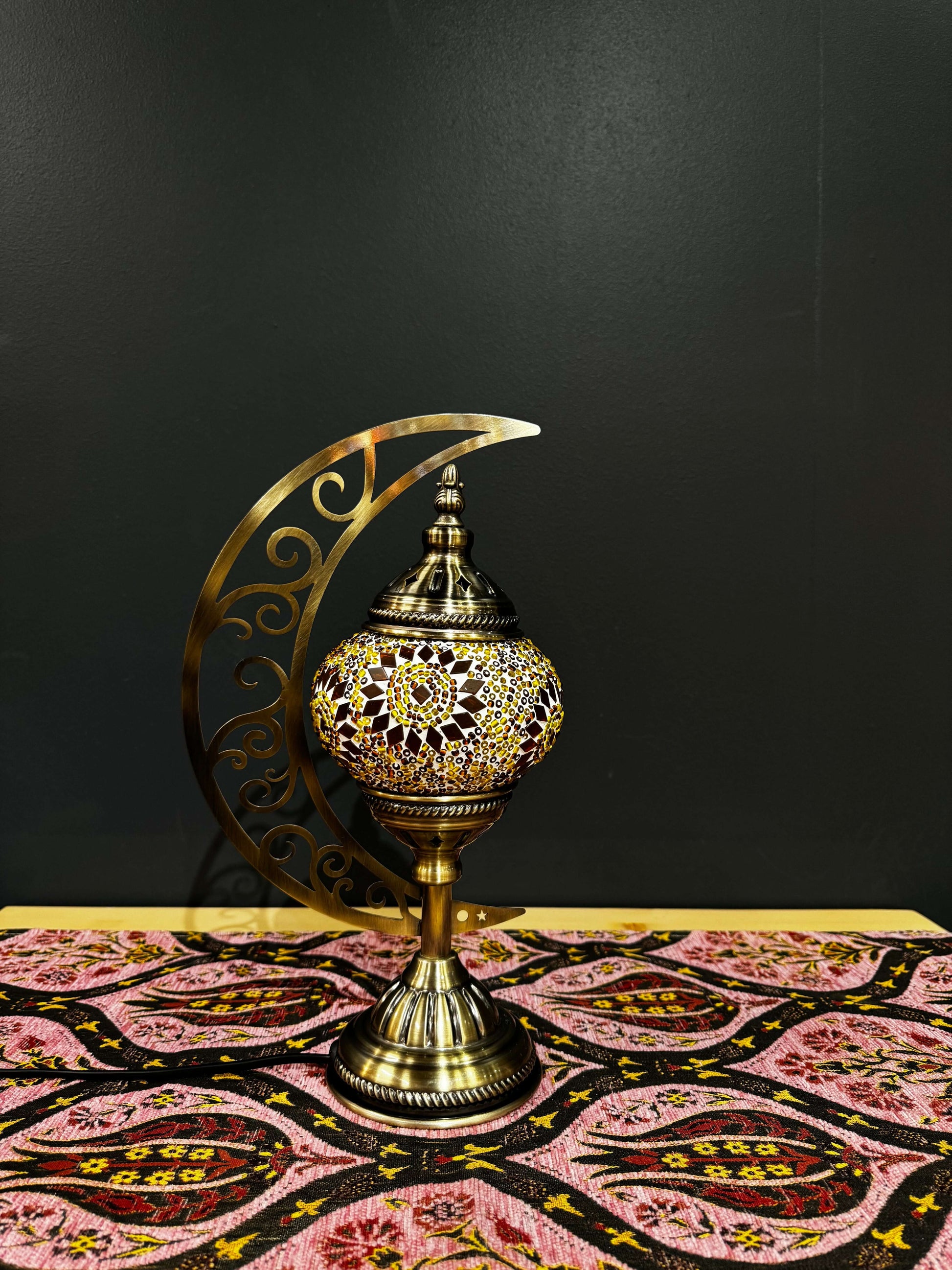 Amber Glow Turkish Mosaic Lamp - Crescent Moon Design-Shop the Amber Glow Turkish Mosaic Lamp! Features amber and gold mosaic design with a crescent moon stand. Includes LED bulb. Perfect for decor or gifting.-Bazaar G Rugs N Gifts