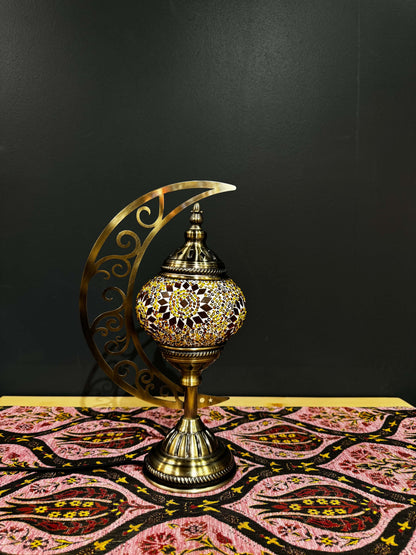 Amber Glow Turkish Mosaic Lamp - Crescent Moon Design-Shop the Amber Glow Turkish Mosaic Lamp! Features amber and gold mosaic design with a crescent moon stand. Includes LED bulb. Perfect for decor or gifting.-Bazaar G Rugs N Gifts