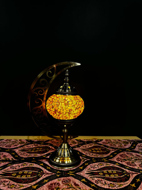 Amber Glow Turkish Mosaic Lamp - Crescent Moon Design