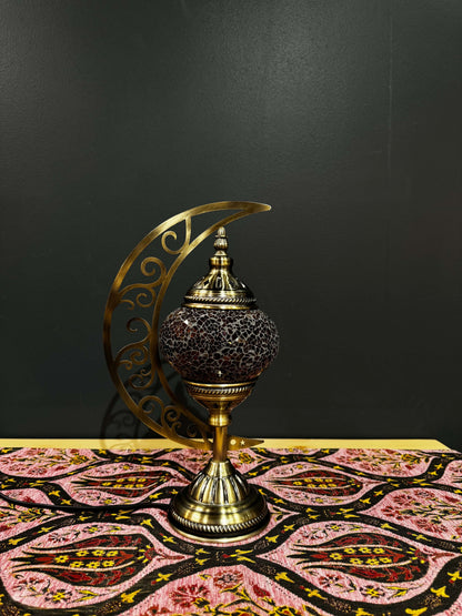 Amber Twilight Turkish Mosaic Lamp - Crescent Moon Design-Shop the Amber Twilight Turkish Mosaic Lamp! Features deep amber and golden crackled mosaic design with a crescent moon stand. Includes LED bulb. Perfect for decor or gifting.-Bazaar G Rugs N Gifts