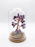Amethyst Crystal Tree in Glass Dome showcases a decorative gemstone tree with purple crystals on a wooden base.