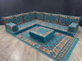 Aqua Diamond L-Shape Full Set featuring Arabian Majlis seating in vibrant turquoise and intricate patterns.