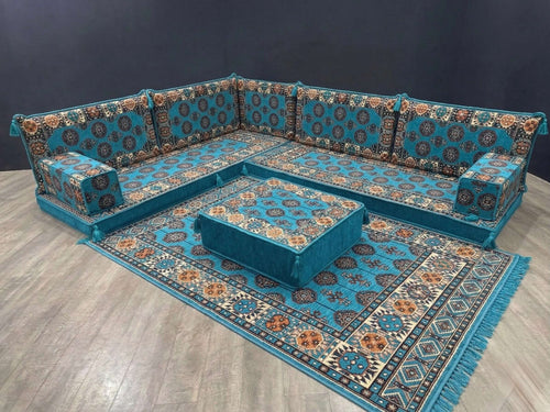 Aqua Diamond L-Shape Full Set featuring Arabian Majlis seating in vibrant turquoise and intricate patterns.