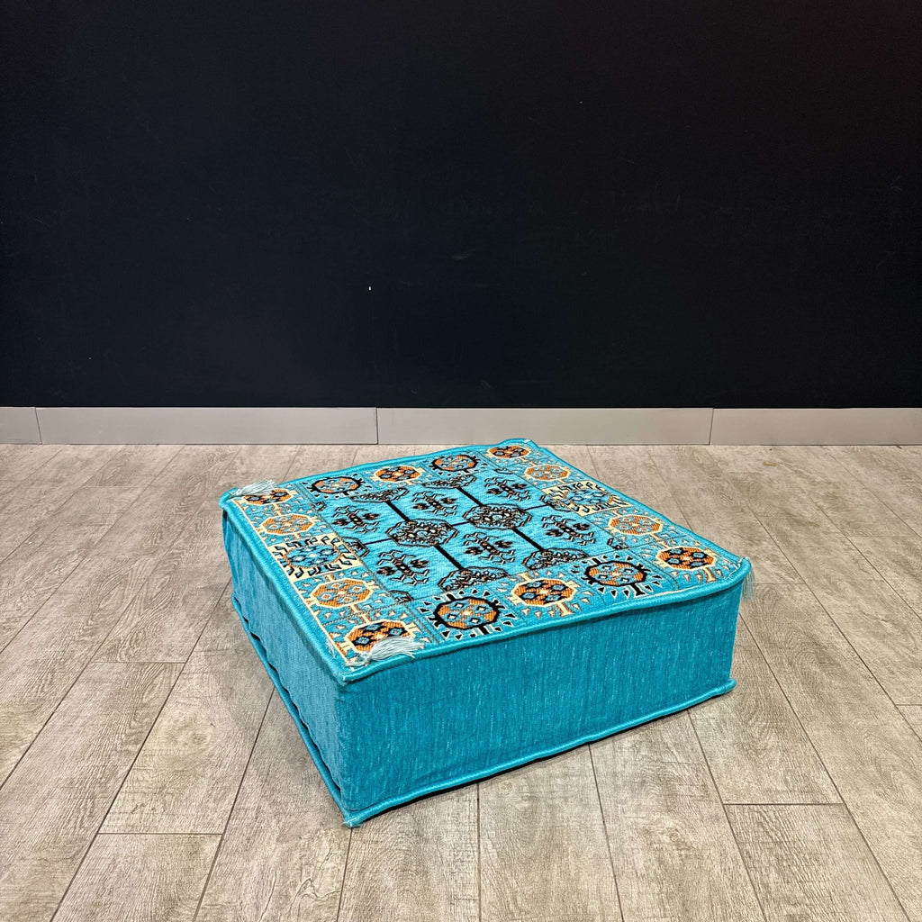 Aqua Diamond Ottoman Floor Cushion in turquoise with intricate pattern, ideal for Arabian majlis seating and floor lounging.