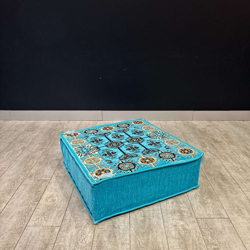 Aqua Diamond Ottoman Floor Cushion in turquoise with intricate pattern, ideal for Arabian majlis seating and floor lounging.