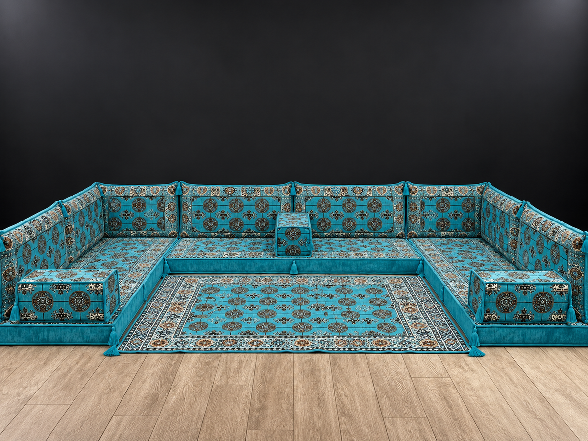 Aqua Diamond U-Shape Majlis Sofa Set with matching rug
