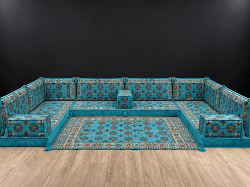Aqua Diamond U-Shape Majlis Sofa Set with matching rug