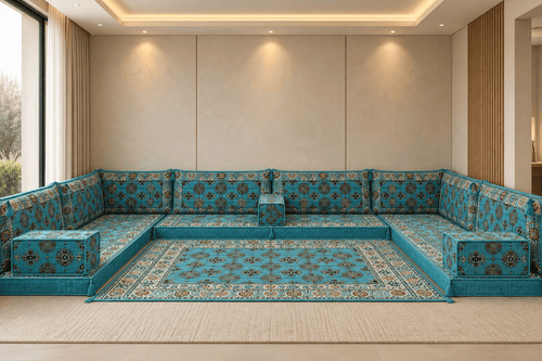 Aqua Diamond U-Shape Majlis Sofa Set in a luxurious living room