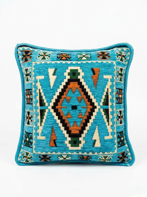 Aqua Serenity Kilim Cushion - 40x40cm, handwoven decorative throw pillow with traditional patterns and soothing colors.