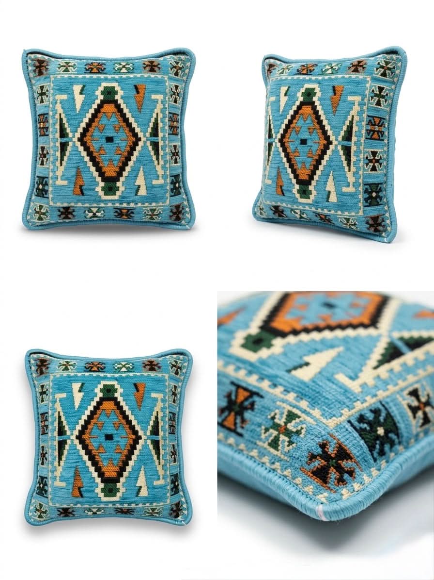 Aqua Serenity Kilim Cushion showcasing intricate patterns and soothing colors, perfect for enhancing your decor.