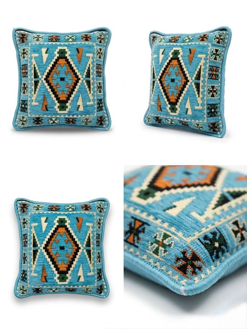 Aqua Serenity Kilim Cushion showcasing intricate patterns and soothing colors, perfect for enhancing your decor.
