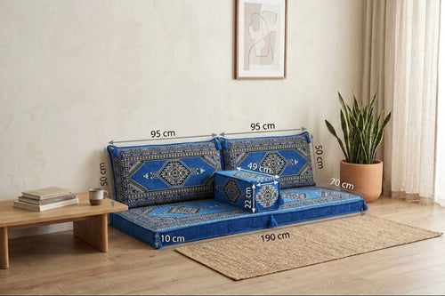 Arabian Majlis Divan Set on a wooden floor with measurements displayed, showcasing its blue design and comfort.